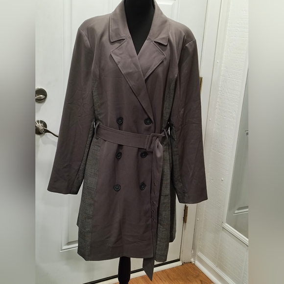 Simply Vera By Vera Wang Jackets & Blazers - Womens Double-Breasted Trench Coat in Gray with Plaid Side Panels